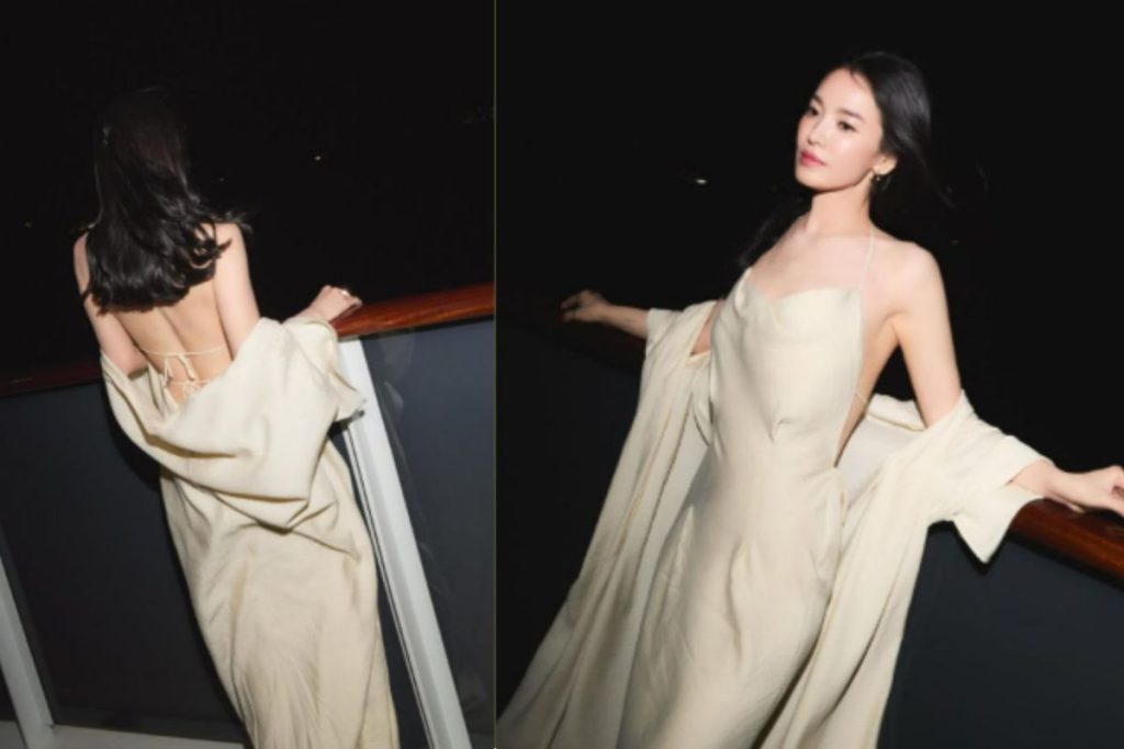 Song Hye Kyo tampil elegan mengenakan gaun satin backless saat menghadiri gala dinner Guerlain di Cannes, Prancis.